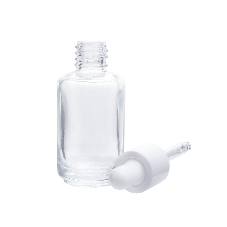 Frasco conta-gotas de vidro com dispensador de líquido de qualidade premium transparente de 30 ml com cilindro de ombro plano para óleo essencial de soro