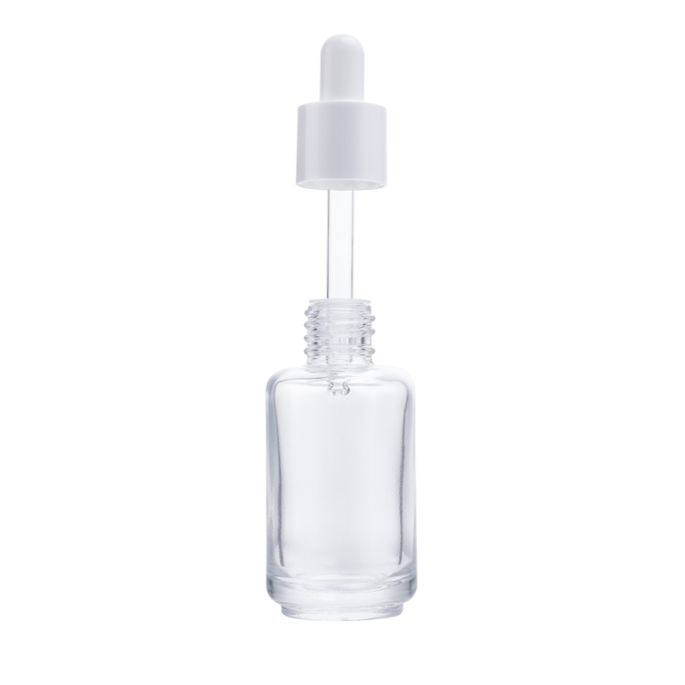 Frasco conta-gotas de vidro com dispensador de líquido de qualidade premium transparente de 30 ml com cilindro de ombro plano para óleo essencial de soro